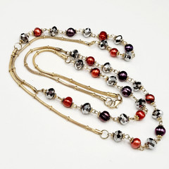 Colorful Burgundy and Plum Pearl with Crystal Beaded Long Station Necklace 36 in