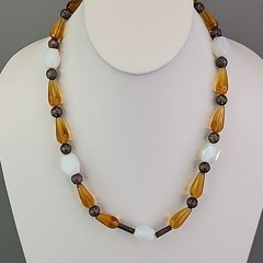 Vintage Glass Beaded Necklace Opalite Brown Teardrop 19″