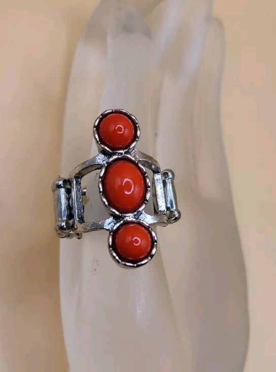 Vintage 3 Red Lucite Faux Stone Stretch Ring Silver tone One Size Fits All