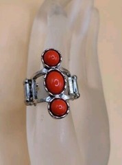Vintage 3 Red Lucite Faux Stone Stretch Ring Silver tone One Size Fits All