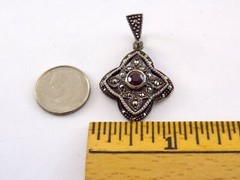 Sterling Silver Garnet Marcasite Four Sided Pendant 925 5.1g 1.25 Inches Long