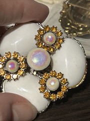 Vintage Milk Glass Opaline Cabs Topaz Large Silver Tone Brooch Pin