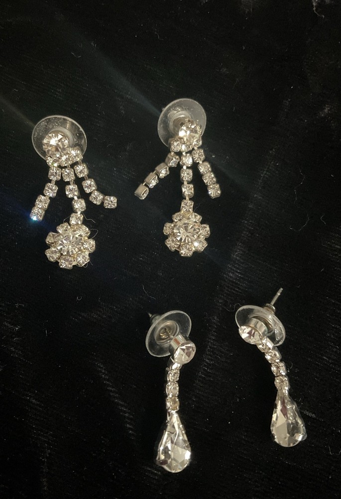 Sparkly Vintage Silver Tone Clear Rhinestone Dangle Pierced Earrings set Of 2