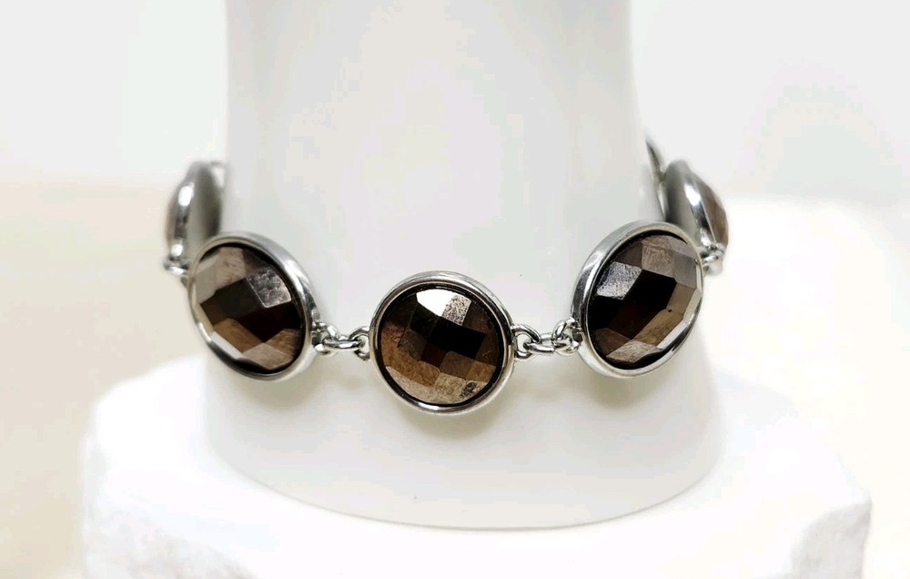 Vintage Monet Gun Metal Tone Smokey Quartz Style Faceted Glass Clasp Bracelet
