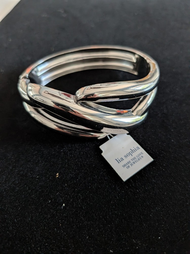 Lia Sophia Gunmetal Open Cuff Bracelet Statement Modern Silver Tone NWT Tag