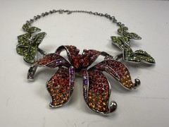 Vintage Kirks Folly Silver Tone Rhinestone Orchid Rhinestone Statement Necklace