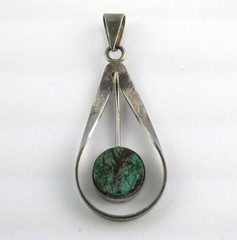 Vintage Sterling Silver Chrysocolla Flat Top Cabochon Drop Pendant 925 3.1g