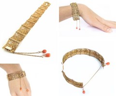 Antique Italian Gilt Silver Filigree Panel Bracelet, Natural Salmon Coral Drops