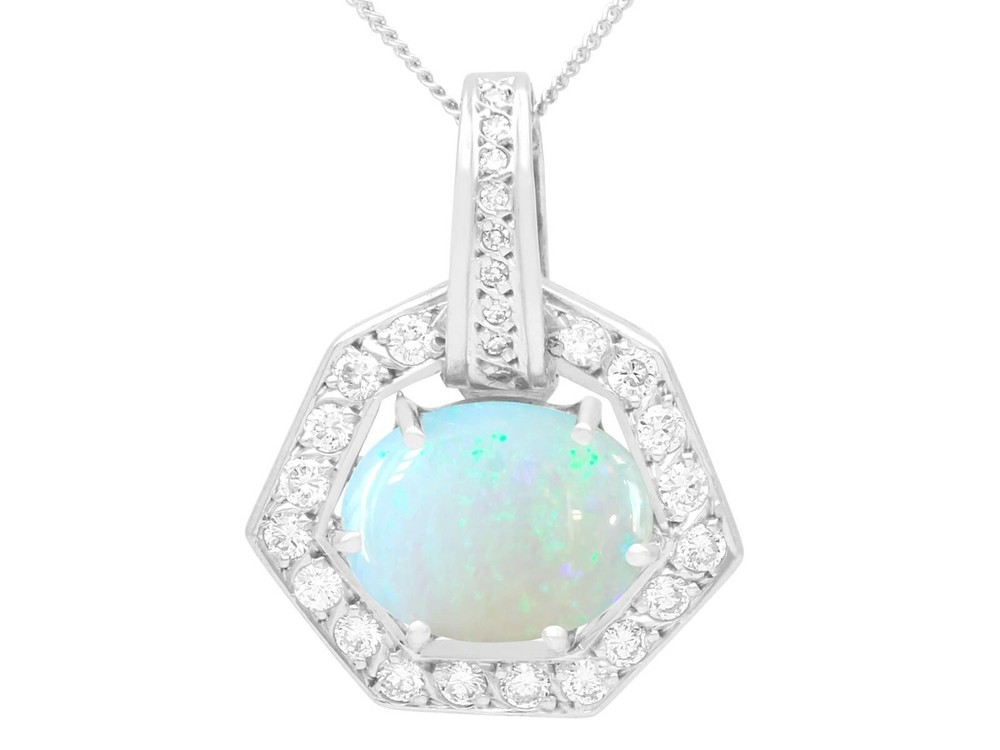 Vintage 1.65 Ct Opal and 0.68 Ct Diamond, 18k White Gold Pendant, Circa 1960