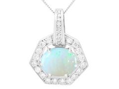 Vintage 1.65 Ct Opal and 0.68 Ct Diamond, 18k White Gold Pendant, Circa 1960