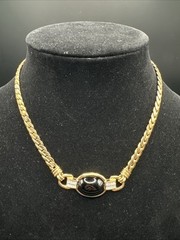 Vintage Lanvin Germany Gold Tone Black Stone And Crystal Necklace
