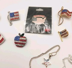 Vtg to Contemporary Patriotic Red White & Blue Jewelry Lot Rhinestones Enamel