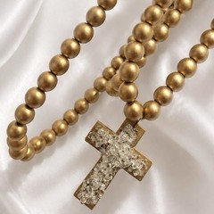 Vintage Original Shattered Fine Art Glass Cross Gold Wood Prayer Beads Necklace
