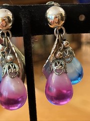 Vintage Napier Cumquat Blue Pink Dangle Drop Clip On Earrings Silver Tone Pat #