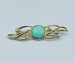 Vintage Monet Brooch Pin Mint Green Cabochon Gold Tone Leaf Signed 1970s 1980s