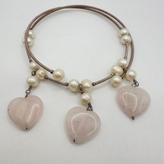 Vintage Pearl & Rose Quartz Choker Y2K Necklace Silver Tone Memory Wire Dangle