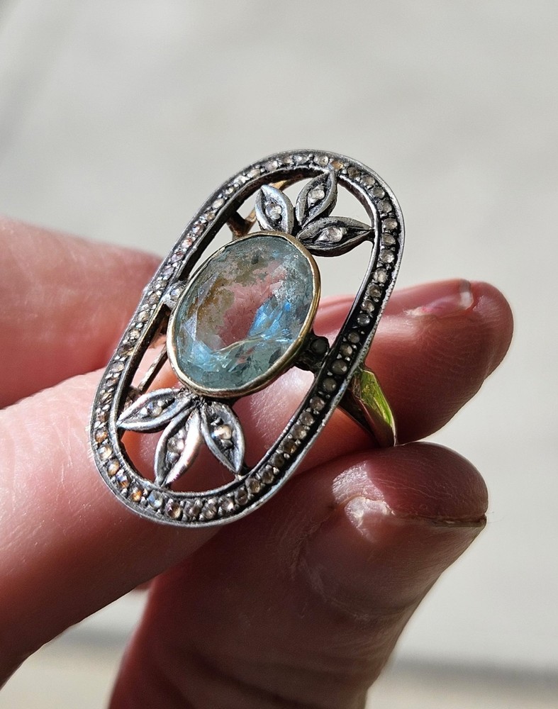 Antique Aquamarine And Rose Cut Diamond 18k And Silver Topped Ring.