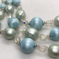 Vintage Pastel Blue Plastic Bead 3 Strand 16” Necklace Earrings Set 60s Japan