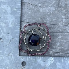 Vintage Violet & Dark Grey Rose Shaped Rhinestone Brooch Pin Purple Silver Tone