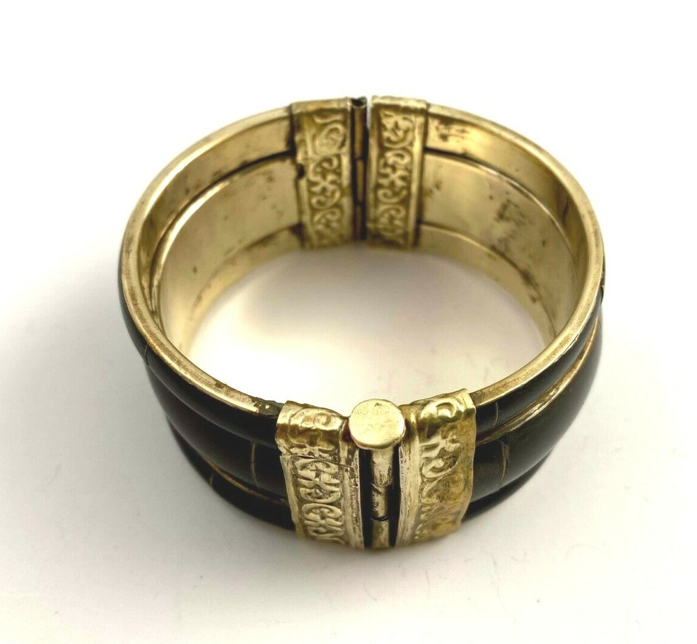 Ebony Horn Bracelet w/Bone Inlay and Repousse Silver and Pin Closure
