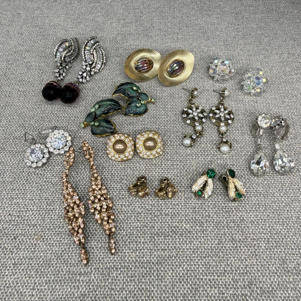 Vintage Rhinestone Earring Lot 11 Pair Dangle Leaves Crystal Monet Roman