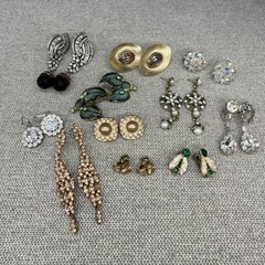 Vintage Rhinestone Earring Lot 11 Pair Dangle Leaves Crystal Monet Roman