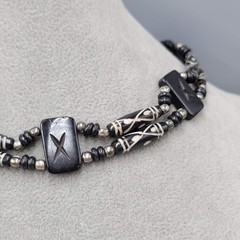 Vintage African Wood Bead Choker Necklace Silver tone Beads Tie Back Adj