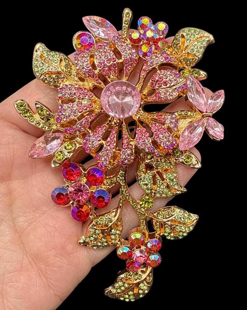 HUGE Pave Rhinestone Flower Gold Tone Brooch Pin Pink J26