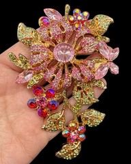 HUGE Pave Rhinestone Flower Gold Tone Brooch Pin Pink J26