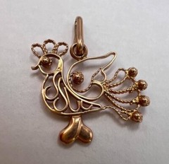 Vintage USSR 14K 583 Rose Gold Filigree Rooster Pendant 0.78in Jewelry Gift