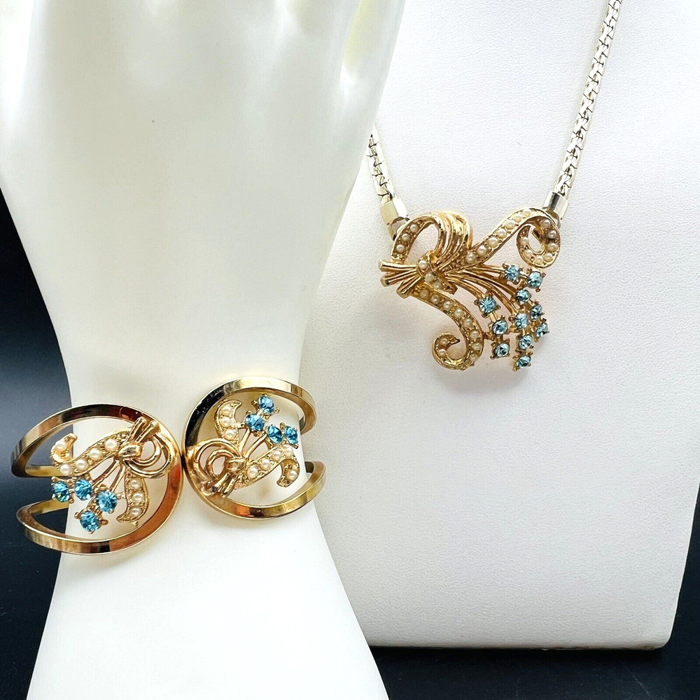 Vintage Blue Rhinestone & Faux Pearl Pendant Necklace & Clamper Bracelet Set