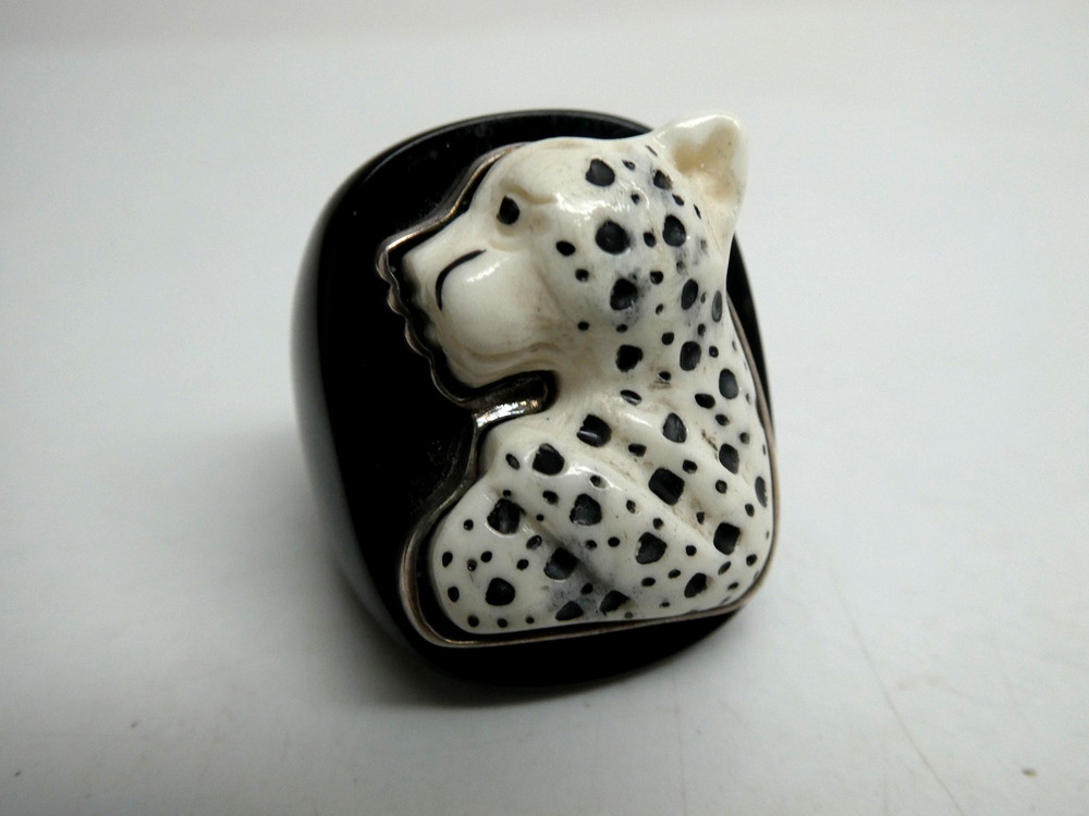 Amy Kahn Russel Sterling Silver 925 Leopard Modernist Black Horn RING Size 6