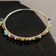 Large Vintage Sterling Silver with Gemstone Wire Wrap Hoop Earrings 2.05″