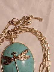 Vintage Fossil Brand Dragonfly Pendant Necklace Blue Stone Bohemian Charm Y2K
