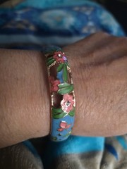 Vintage Floral Enamel Clamper Bracelet Signed 7 1/2 In