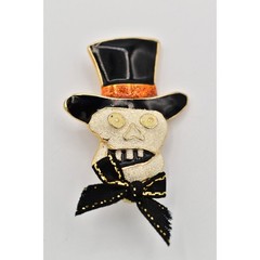 Vintage Halloween Skull Pin Brooch Skeleton Top Hat Glitter Enamel Chunky BinBA