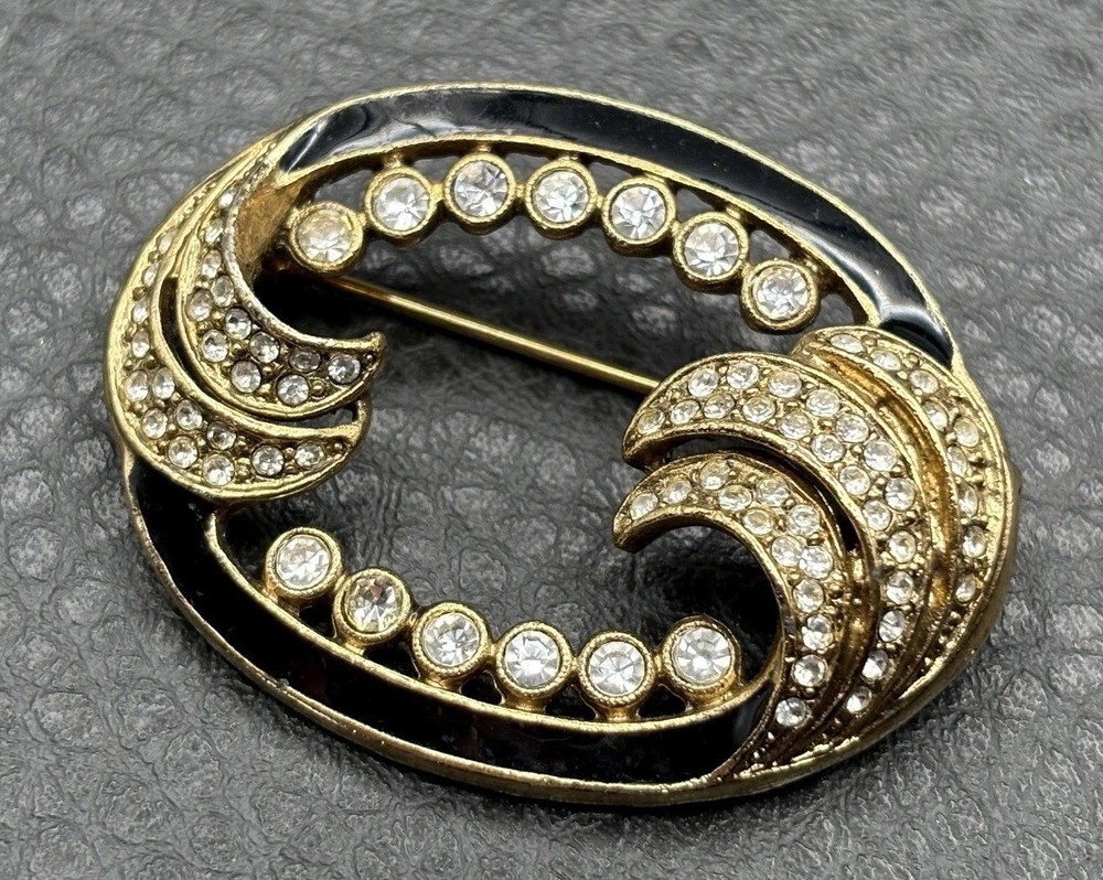 Vintage 1928 Brand Gold Tone Black Enamel Crystal Swirl Brooch Pin Deco Style