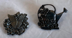 Vintage Birds and Blooms Pewter Pin Brooch Lot 2 pcs – Watering Can – Butterfly