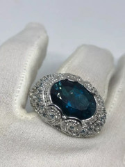Huge Great Color Blue Topaz Stone 14.99CT With Small Topaz 925 Silver Women Ring