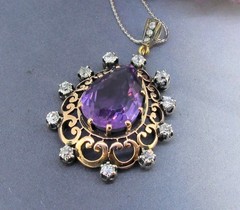 Antique 1.00 ct Amethyst 14k Gold & Silver .60 ctw Diamonds Old Minor Necklace