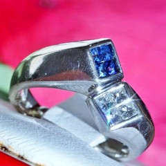 14k white gold sz 2.5 ring 0.32ct natural diamond treated sapphire vintage 4.55g