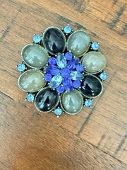 2” Eye catching Flower Style Blue & Gray Cabochon & Rhinestones Brooch/Pendant