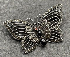 VTG Sterling Silver “IL” Maker Butterfly Brooch Marcasite Black Onyx Deco Style