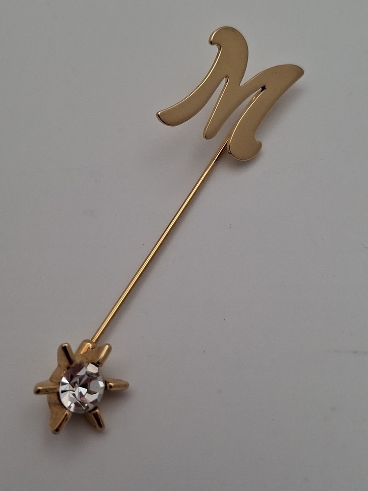 Inital M Letter Clear Rhinestone Star Fastener Gold Tone Stick Pin 2.5 Inches