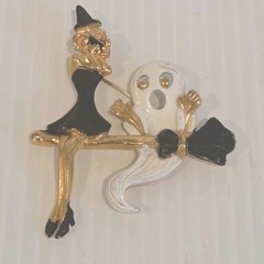Vintage AJC Croquette Brooch Gold Tone Enamel Halloween Witch Broomstick Ghost