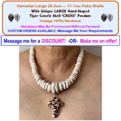 Puka Shell Necklace Vintage 70s w/Hand-Shaped Tiger Cowrie Shell Cross Pendant
