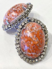 Vintge Signed Haskell Lg Oval Faux Coral Cab w/Rhinestone Border Clip Earrings