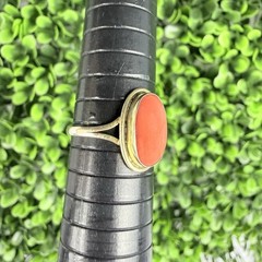 Vintage Antique? Natural Coral Cabochon 800 Silver Gold Tone Ring Size 6.75-7ish