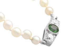 Single Strand Pearl Necklace with Sapphire, Diamond and 12k White Gold Clasp