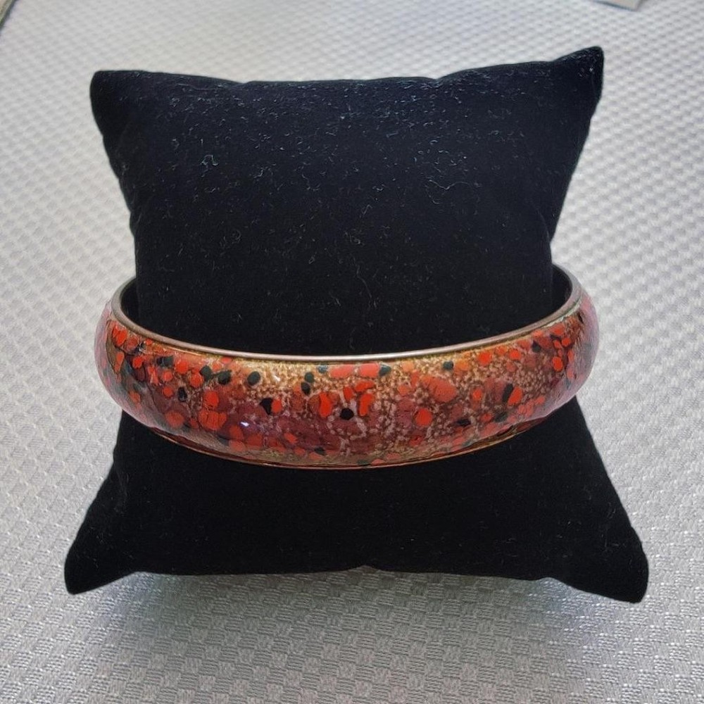Vintage Signed Matisse Renoir Red Speckled Enamel Copper Bangle Bracelet